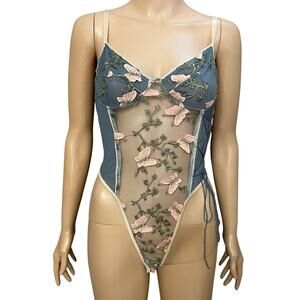 Aurelia Intimates Butterfly Embroidered Teddy Lingerie Bodysuit M Sheer Fairy